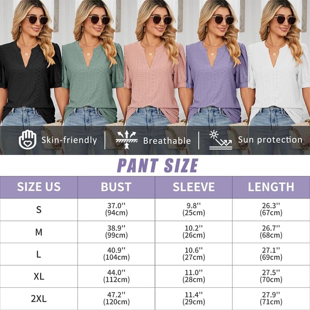 Detalle 2 de EDOTON Donna maglietta con scollo a V e maniche a vescica, camicetta casual in poliestere (taglie S–XXL)