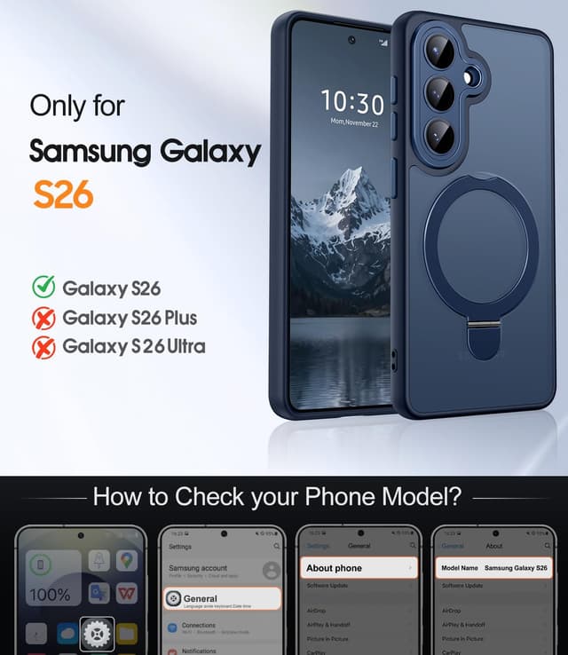 Detalle de JAME for Samsung Galaxy S26 Case with 2-Pack Screen Protector, Magnetic Stand & Full Camera Protection (Navy Blue)