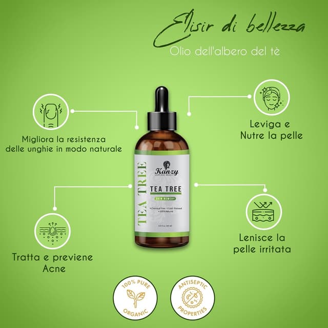 Detalle de KANZY Tea Tree Oil 60 ml – Olio essenziale di albero del tè per viso, corpo, unghie, capelli e aromaterapia