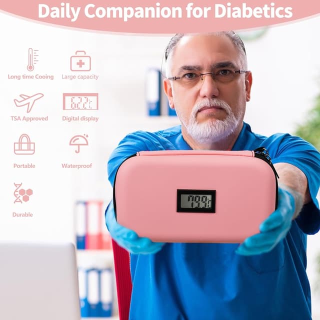 Detalle de HIMDUZE 24 Hour Insulin Cooler Travel Case (TSA Approved) with Thermometer Display – Pink