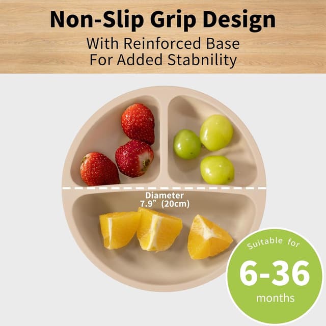 Detalle 2 de BebeCalin Baby Suction Plate Set of 3 (Royal Blue/Cream/Army Green) – Non-Slip Divided BPA-Free Silicone Plates