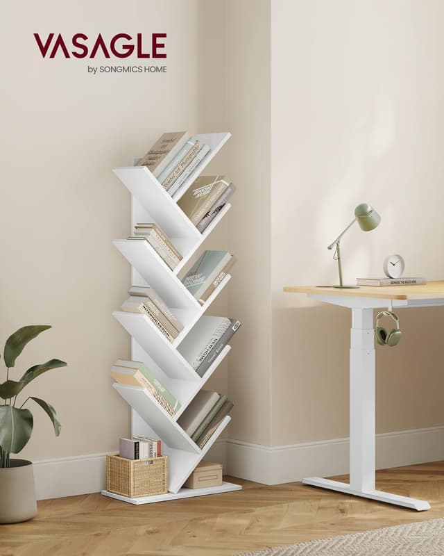 Detalle de VASAGLE Libreria verticale ad albero a 9 ripiani LBC11WTV1 bianco nuvola, salvaspazio per camera e studio