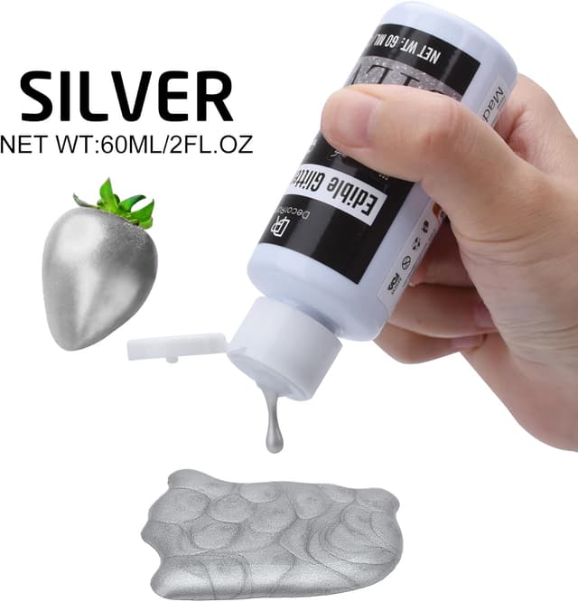 Detalle 2 de Flüssig essbarer Glitzer in Silber (60 ml) – metallische Dekorfarbe für Kuchen, Cupcakes & Fondant