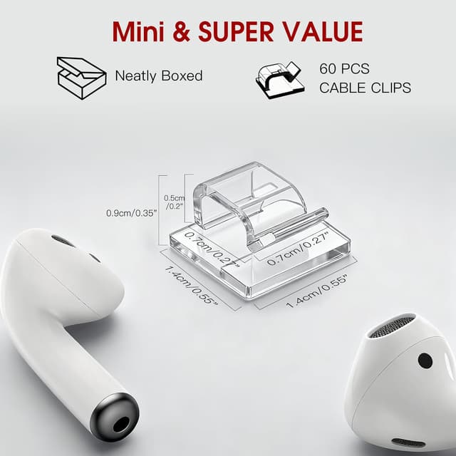 Detalle 2 de 60PCS Adhesive Cable Clips – heavy-duty clear cord organisers for wall, desk, LED & small car setups