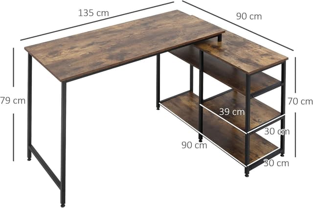 Detalle de HOMCOM Bureau d’angle design industriel avec 3 étagères, panneaux imitation vieux bois et métal noir