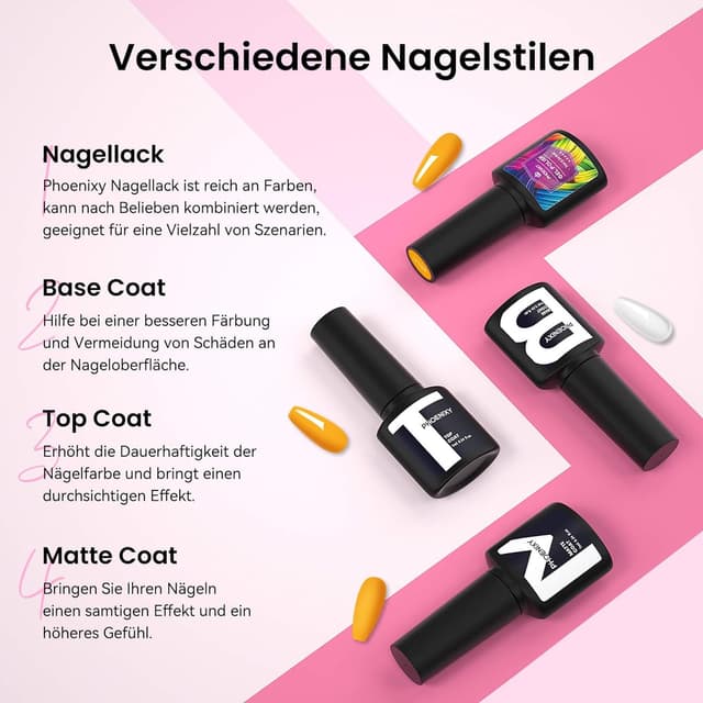 Thumbnail 6 de Phoenixy UV Nagellack-Set (24-teilig) mit 21 Farben, Base & glänzend/matt Decklack