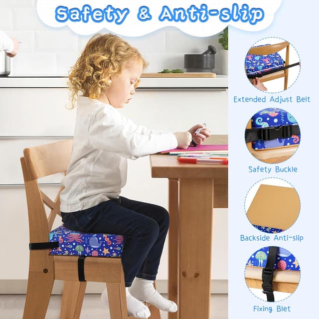 Detalle 2 de Blue Toddler Booster Seat for Dining Chair with PU Cover, Non-Slip Base & Adjustable Seat Belts