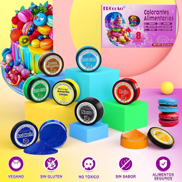 Detalle 2 de ERCorArt Lebensmittelfarbe Pulver – 8 Farben (5 g je Farbe), essbare Puderfarbe für Torten, Fondant, Macarons & mehr