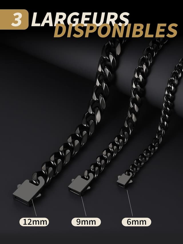 Detalle de Collier chaîne homme FindChic en acier inoxydable 316L maille gourmette cubaine (largeur 6/9 mm, longueur 46 à 76 cm)