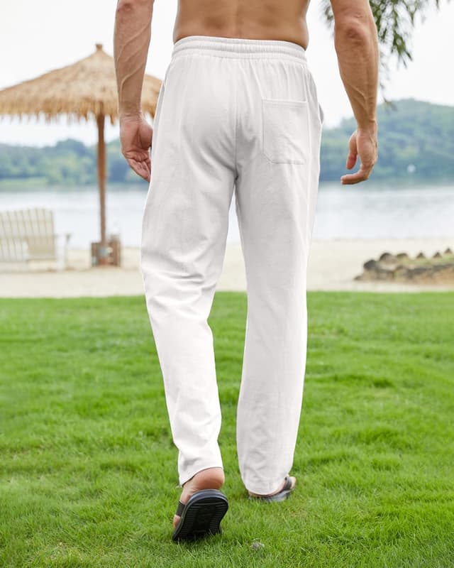 Detalle de Pantalon coton lin homme décontracté NANAMEEI – ample, léger pour été, ceinture élastique et cordon