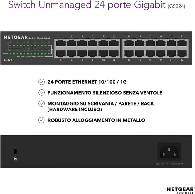 Detalle de NETGEAR GS324 switch Ethernet Gigabit a 24 porte non gestito (Plug-and-play) silenzioso