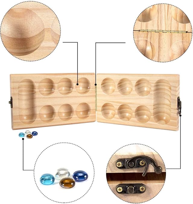 Detalle de AMEROUS Wooden Mancala Board Game Set (Folding Board) with Glass Stones – Portable Mancala Instructions & Gift Package
