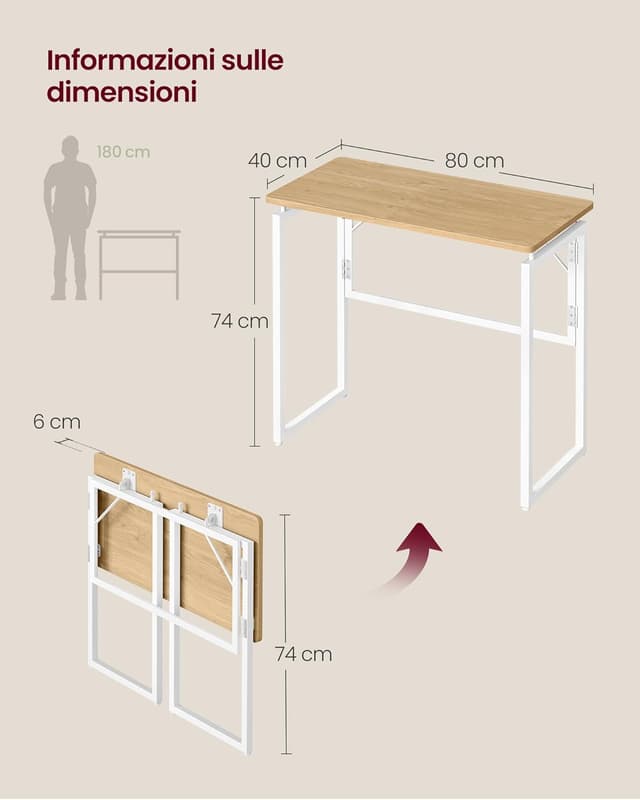Thumbnail 2 de VASAGLE scrivania pieghevole LWD151YD01 da 80 x 40 cm in rovere naturale, piano unico e angoli arrotondati