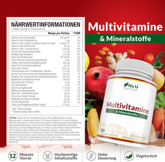 Detalle de Nu U Nutrition Multivitamin & Mineralstoffe A–Z – 365 vegetarische Tabletten (A–Z, 25 Nährstoffe pro Tablette)
