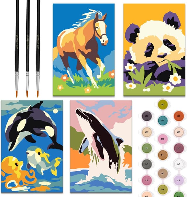 Thumbnail 6 de Zimrobin 4er-Set „Malen nach Zahlen“ für Kinder (12 × 8 cm) mit Acrylfarben & 3 Pinseln – Motiv „Schöne Blumen“