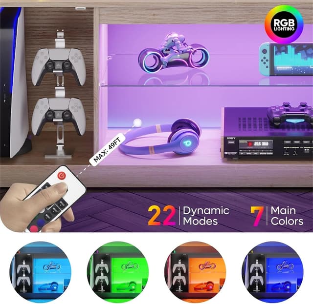 Detalle de Bestier Mobile TV per TV fino a 65 pollici con centro gaming, ripiani in vetro regolabili e luci LED (Rovere Naturale)