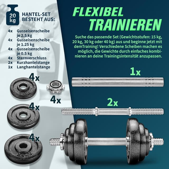 Detalle de RE:SPORT 2-in-1 Hantelset 15–60 kg (Gusseisen) – Kurzhantel & Langhantel mit Verbindungsrohr
