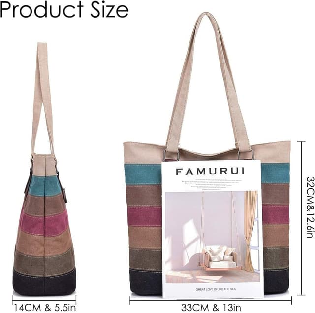 Detalle 2 de CHEREEKI Striped Canvas Tote Bag (Multicolour) – washable shopper for school, work, travel