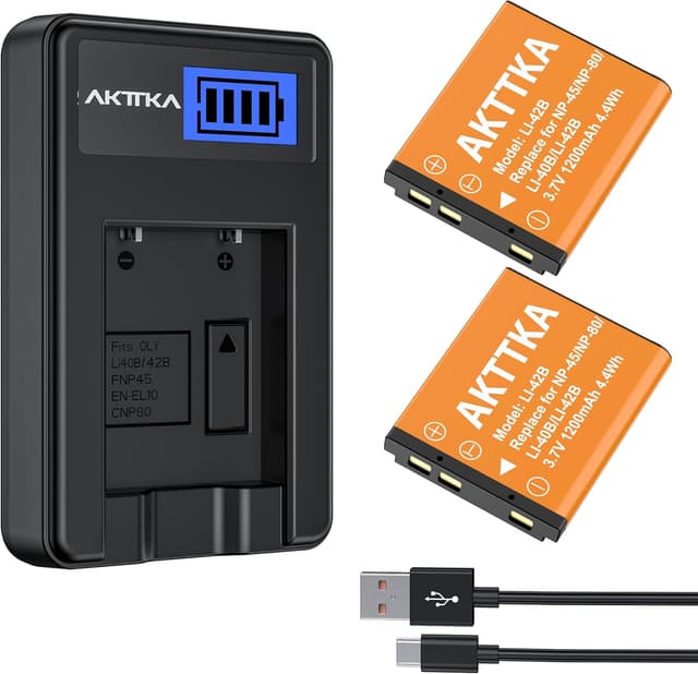Detalle de Kit batterie AKTTKA NP-45 (2×1200mAh) con caricabatterie USB-C compatibile Olympus, Nikon e Fujifilm