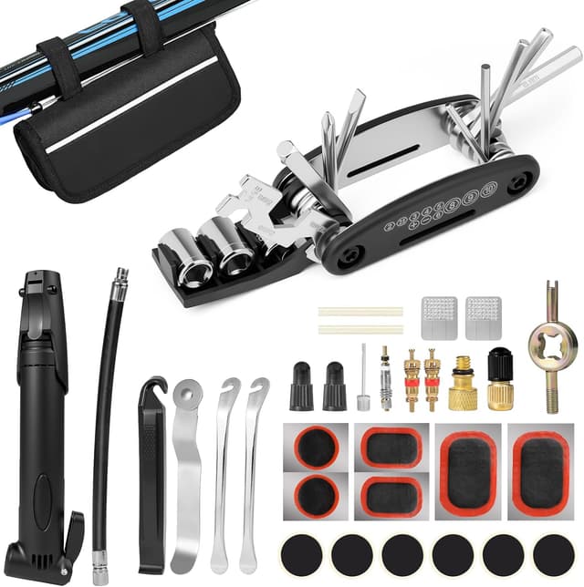 Detalle de Carehabi 39 PCS Kit de réparation de vélo (crevaison) avec outil 16 en 1 et mini-pompe 120 PSI
