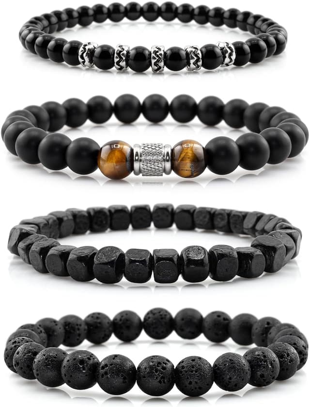Detalle de Lameybrt Herren Armband-Set Multi mit Natursteinen (Tigerauge/Matte Achat/Lava) – verstellbar, Set für verschiedene Anlässe