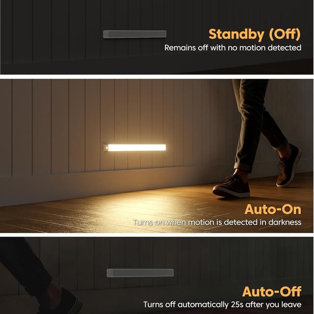 Detalle de Motion Sensor Under Cupboard Kitchen Lights 20cm – 3-Colour Rechargeable LED Strip Light, Dimmable (3 Pack)