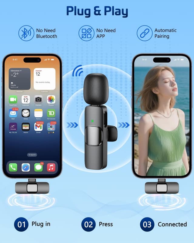 Detalle de HONGJIEYUAN Pink Wireless Lavalier Microphone (Dual Clip-On) for iPhone & Android