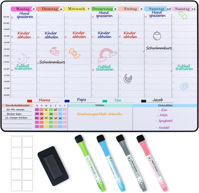 Detalle de POPRUN magnetischer Whiteboard-Wochenplaner 42 x 28 cm mit Magneten, abwischbar