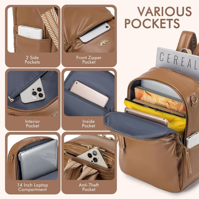 Detalle de BAGZY Handgepäck-Rucksack 40×30×10 cm mit 14-Zoll-Laptopfach – 2-in-1 Damenrucksack/Handtasche, braun, wasserabweisend