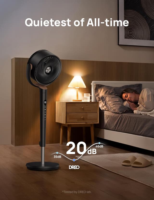 Detalle 2 de Dreo Fan for Bedroom 120° Oscillating Standing Fan with DC Motor, 9 Speeds, 9H Timer (Quiet Pedestal Fan)