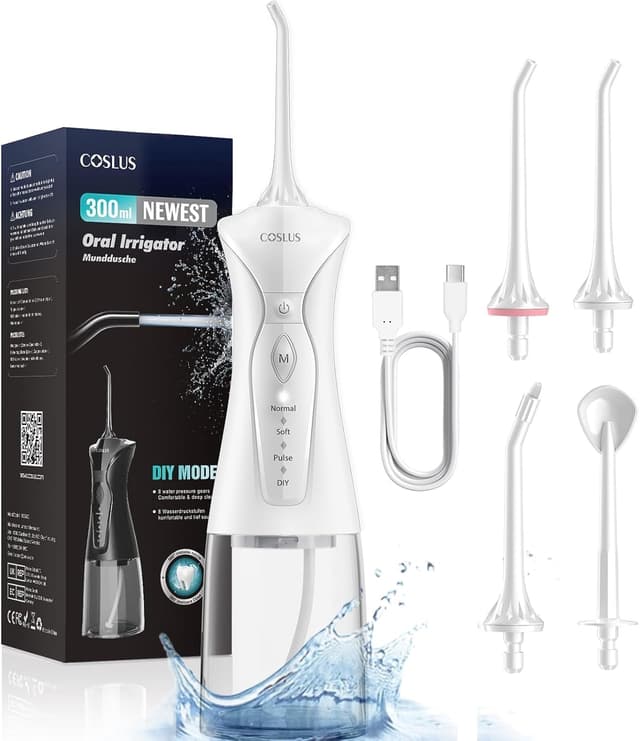 Detalle de COSLUS C30 idropulsore dentale portatile senza fili da 300 ml, 4 modalità e 11 intensità (IPX7) – bianco