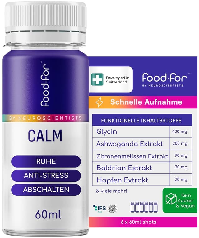 Detalle de FOODFOR CALM GABA Shot 60 ml (Baldrian, Ashwagandha, Zitronenmelisse, Hopfen) – zuckerfrei & vegan, Schweizer 6-Pack