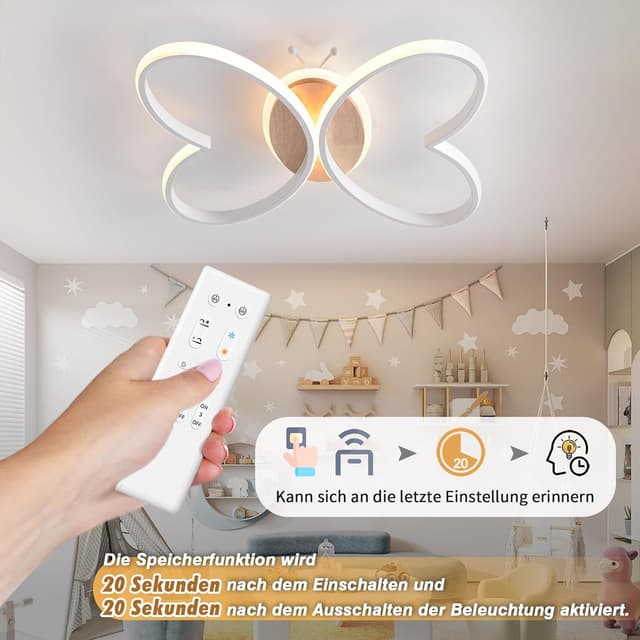 Detalle de LED Deckenleuchte Schlafzimmer mit Schmetterling-Design, 40W, 38 cm, dimmbar per Fernbedienung und Nachtlichtfunktion