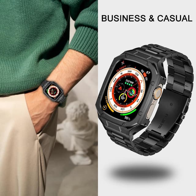 Detalle 1 de BAITEYOU Stainless Steel Watch Band with Case for Apple Watch Ultra (49mm) — Black rugged metal bumper strap