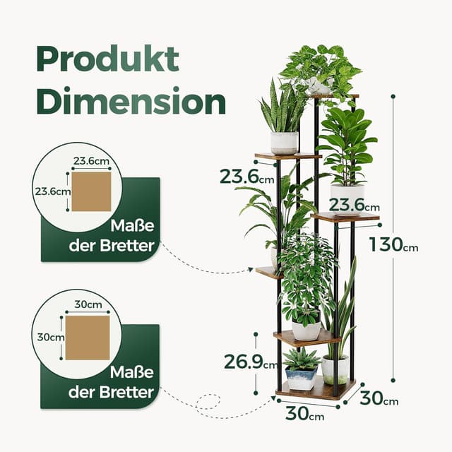 Detalle de Bamworld 6‑stöckiger Pflanzenständer aus Metall mit Holztabletts (Outdoor/Balkon, braun)