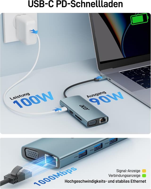 Detalle de Acer USB-C Hub Docking Station 9in1 mit 4K HDMI, VGA, USB 3.0, Gigabit-LAN, SD/ microSD und 100W PD