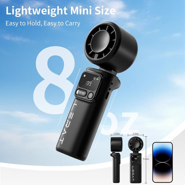 Detalle de Lerat Portable Handheld Turbo Fan (5-Speed Turbo, 4000mAh Rechargeable, Foldable 3-in-1) — Black