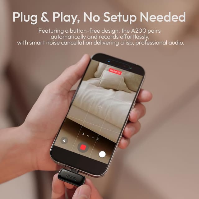 Detalle de ULANZI A200 Mini Wireless-Lavaliermikrofon für iPhone & Android: kompakt, bis 100 m Reichweite, 30 h Akkulaufzeit