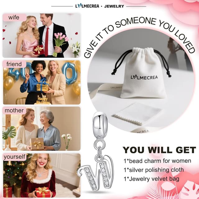 Thumbnail 6 de LMLMECREA Damen Initiale W Charm-Anhänger aus 925 Sterling Silber für europäische Armbänder