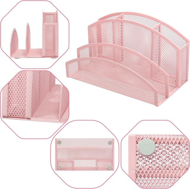 Thumbnail 5 de EXERZ Schreibtisch-Organizer aus Mesh – 3-stufiger Briefhalter mit 4 Fächern in Rosa