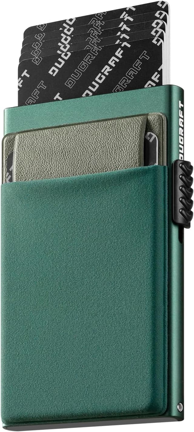 Detalle de DUGRAFT Men’s Pop-Up Credit Card Holder Wallet (Midnight Green) – Slim RFID Blocking Aluminium Card Wallet with Coin Pocket
