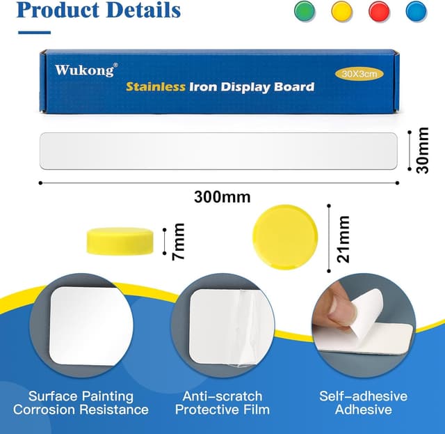 Detalle de Wukong 10 Stück Magnettafel Memotafel (30 x 3 cm, weiß) mit 32 farbigen runden Magneten