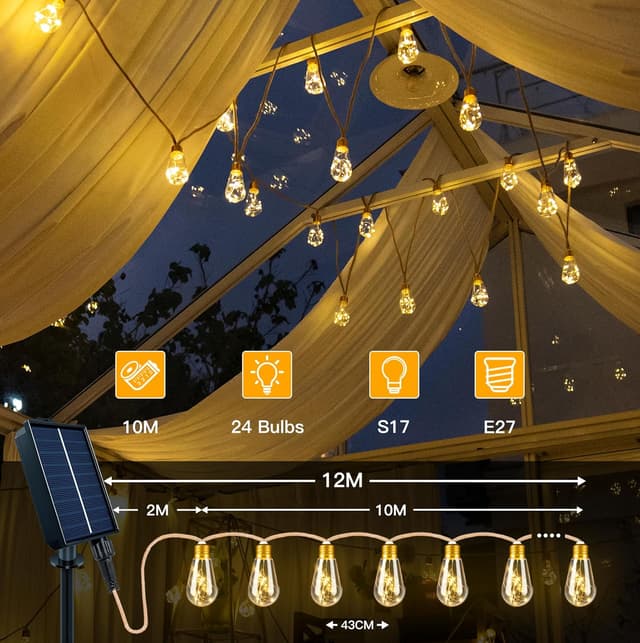 Detalle de Ollny Solar Hemp Rope Festoon Lights (10m) with Remote, 24 Shatterproof S17 Bulbs, 240 LEDs, 8 Modes