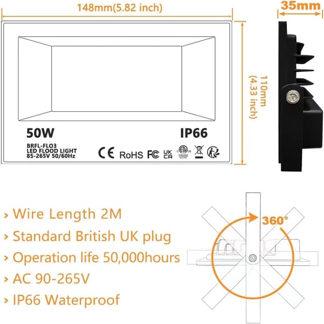 Detalle 1 de Bhochy LED Floodlight Outdoor 50W RGB (2 Pack) with Remote, Timing & 4 Modes, IP66