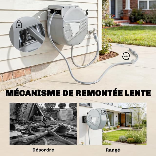 Detalle de Outsunny Enrouleur mural de tuyau d’arrosage 20+1,6 m pivotant à 180° avec buse 2 modes