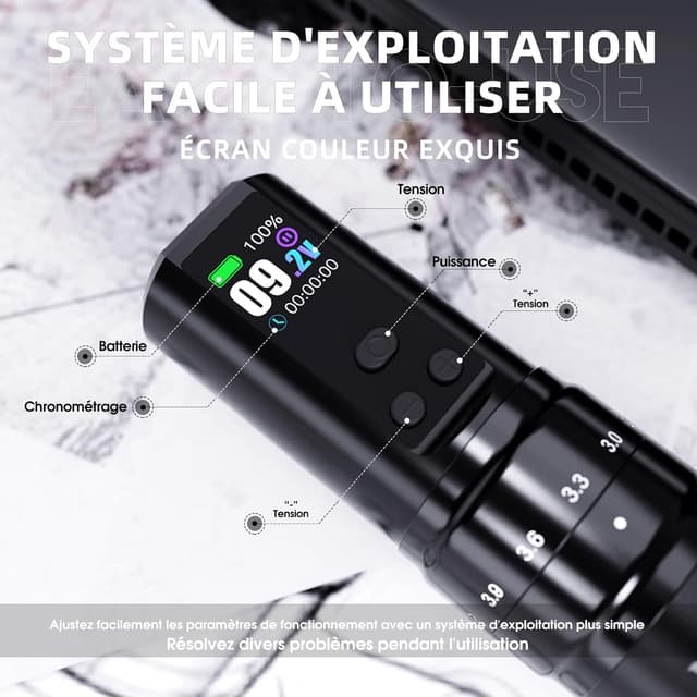 Detalle de Mast Fold2 Pro Kit de tatouage sans fil rotatif (RCA) avec 2 batteries 2000 mAh