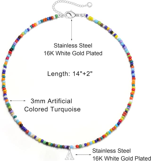 Detalle de TINGN bunte Perlenkette mit Buchstabenanhänger – Boho Kette als Ostergeschenk für Kinder & Damen