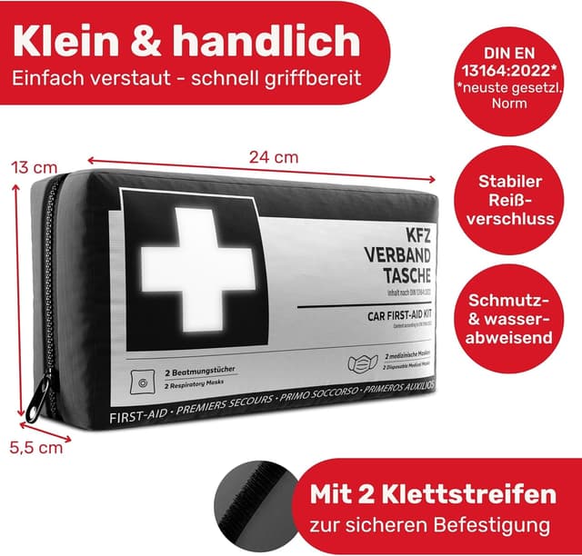 Detalle de KFZ Verbandstasche nach DIN 13164:2022 (StVO konform) inkl. Beatmungstüchern – europaweit nutzbar