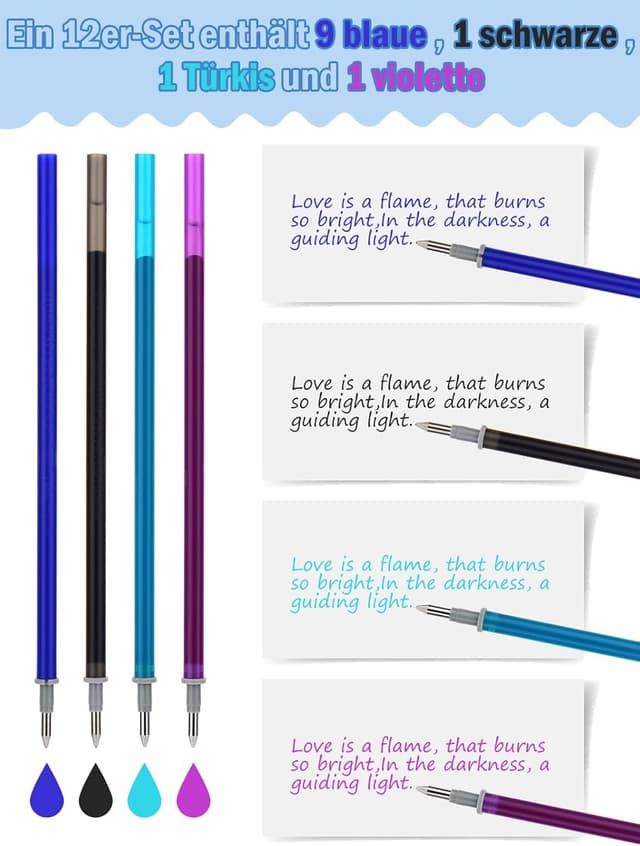 Detalle 2 de Donluhu radierbare Ersatzminen (13 cm) – 0,7 mm Stiftspitze, 12er Pack in Blau/Schwarz/Türkis/Violett