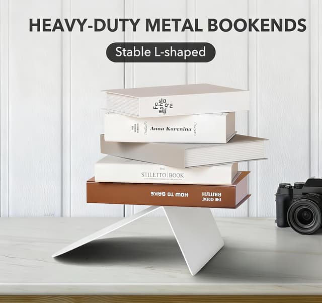 Detalle 2 de Deefongo Buchstützen Metall (8 Stück) – schwere Bookends in Weiß für Schule, Büro & Zuhause